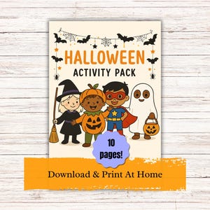 May include: A Halloween Activity Pack with illustrations of a witch, pumpkin, superhero, and ghost. The cover features the text "Halloween Activity Pack" and "10 pages!" with the words "Download & Print At Home" below.