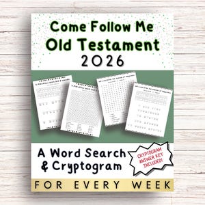 Könnte beinhalten: Ein Buchcover mit dem Text "Come Follow Me Old Testament 2026" und "A Word Search & Cryptogram For Every Week." Das Cover zeigt vier Seiten mit Wortsuch- und Kryptogramm-Rätseln. Eine Stern-Grafik sagt "Cryptogram Answer Key Included!"