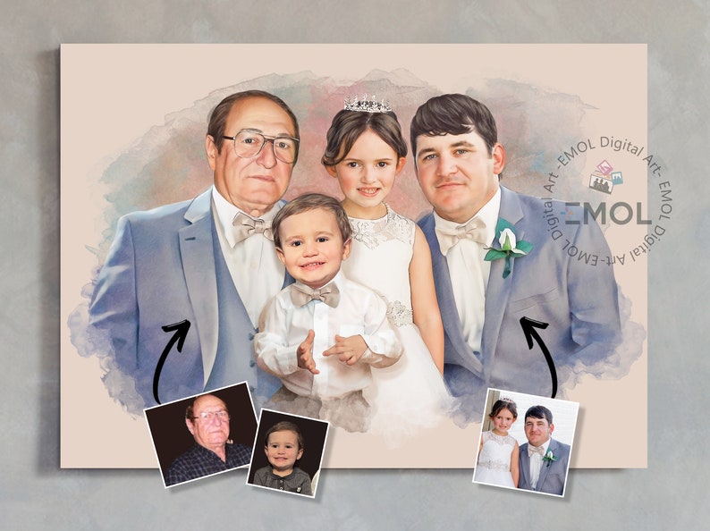 Custom watercolor portrait from photo,, personalized wedding memorial portrait, engagement gift, Customizable Family Painting From Photo image 5