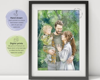 Individuelles handgezeichnetes Gemälde vom Foto, individuelles Aquarell Familienporträt vom Foto, individuelles Hochzeitsporträt, personalisierte Geschenke