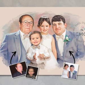 Voeg geliefde toe aan foto, verlies van vader-moeder, combineer foto's tot een tekening, potlood en aquarel, herdenkingscadeau, familieportret