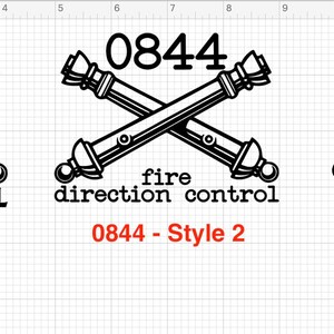 May include: Three black and white illustrations of crossed cannons with the number "0844" and the text "fire direction control" below. The illustrations are labeled "Style 1", "Style 2", and "Style 3".