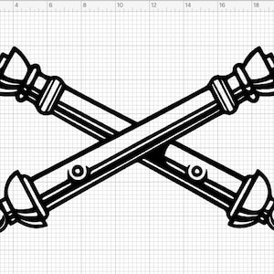 May include: A black and white illustration of two crossed cannons. The cannons are stylized and have a detailed design.