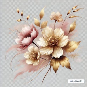 13 fiori astratti PNG Clipart,fiori rosa dorati,clipart stampabile,artigianato di carta,diario spazzatura
