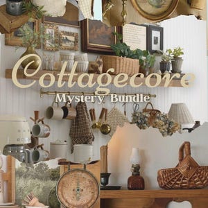 May include: A collage of images showcasing a cottagecore aesthetic. The images include a kitchen with wooden shelves, a vintage scale, a pitcher, wooden spoons, and a framed embroidery that reads "Home Sweet Home".