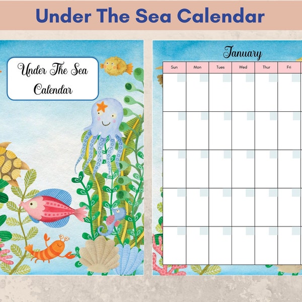 Cute Under Sea undated monthly calendar pages, includes title page. Printable in A4, A5, and letter size. Instant download as PDF.