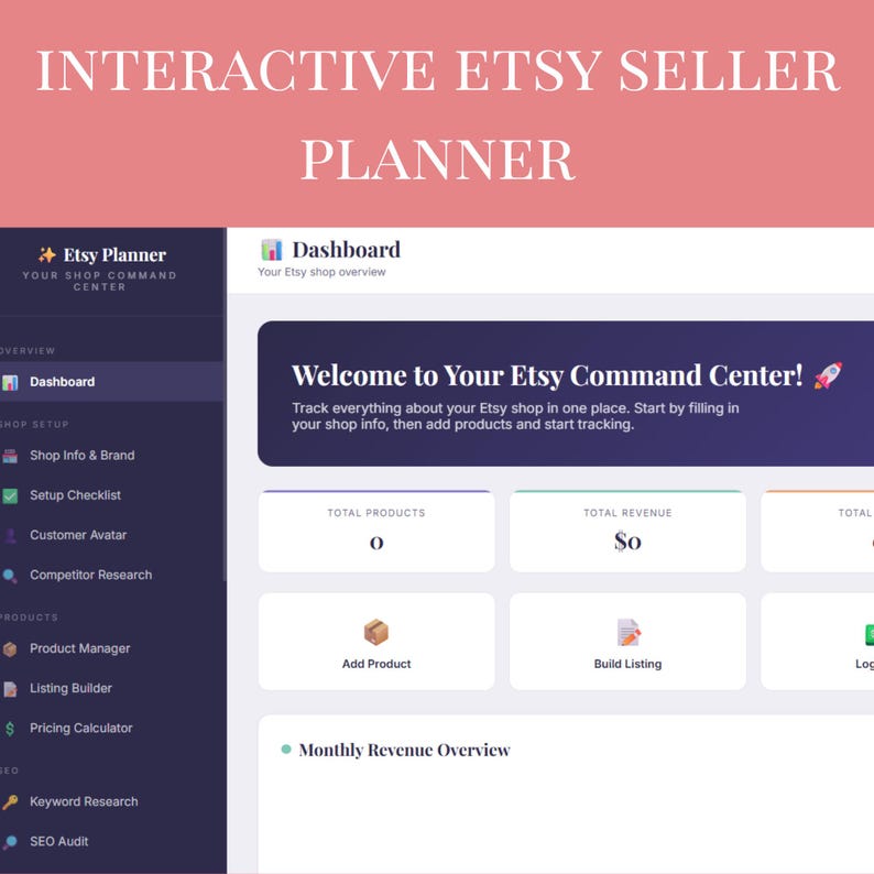 May include: A digital Etsy seller planner interface with a pink header that reads "INTERACTIVE ETSY SELLER PLANNER." The interface includes sections for shop setup, product management, and SEO tools. The dashboard displays total products and revenue.
