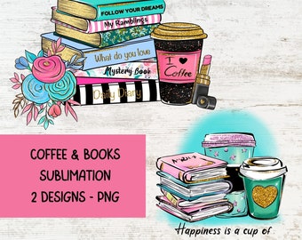 Caffè e libri PNG: design a sublimazione femminile (download digitale)