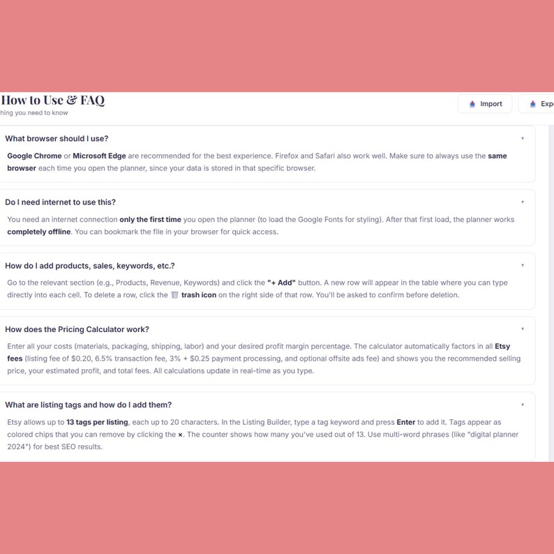 May include: A webpage titled "How to Use & FAQ" with information on using a planner. The page includes sections on browser usage, internet requirements, adding products, sales, keywords, and the pricing calculator. It also covers listing tags.