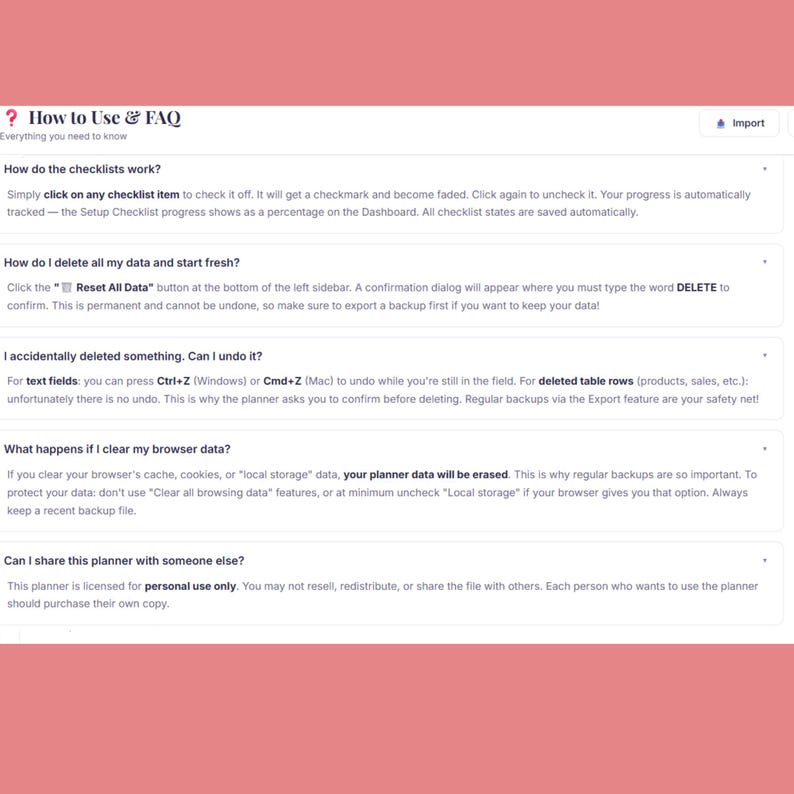 May include: A webpage titled "How to Use & FAQ" with a pink header. The page provides instructions on using checklists, deleting data, and data recovery. It also addresses browser data clearing and planner sharing.