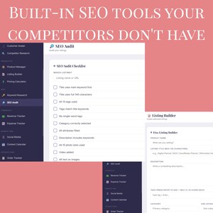 May include: Screenshot of an Etsy SEO tool interface. The screen displays an SEO audit checklist, listing builder, and other features. Text includes "BUILT-IN SEO TOOLS YOUR COMPETITORS DON'T HAVE."