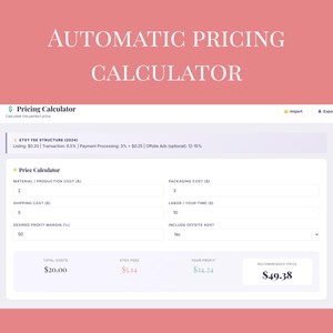 May include: A screenshot of an automatic pricing calculator with the text "AUTOMATIC PRICING CALCULATOR" at the top. The calculator includes fields for costs, profit margin, and fees, displaying a recommended price.
