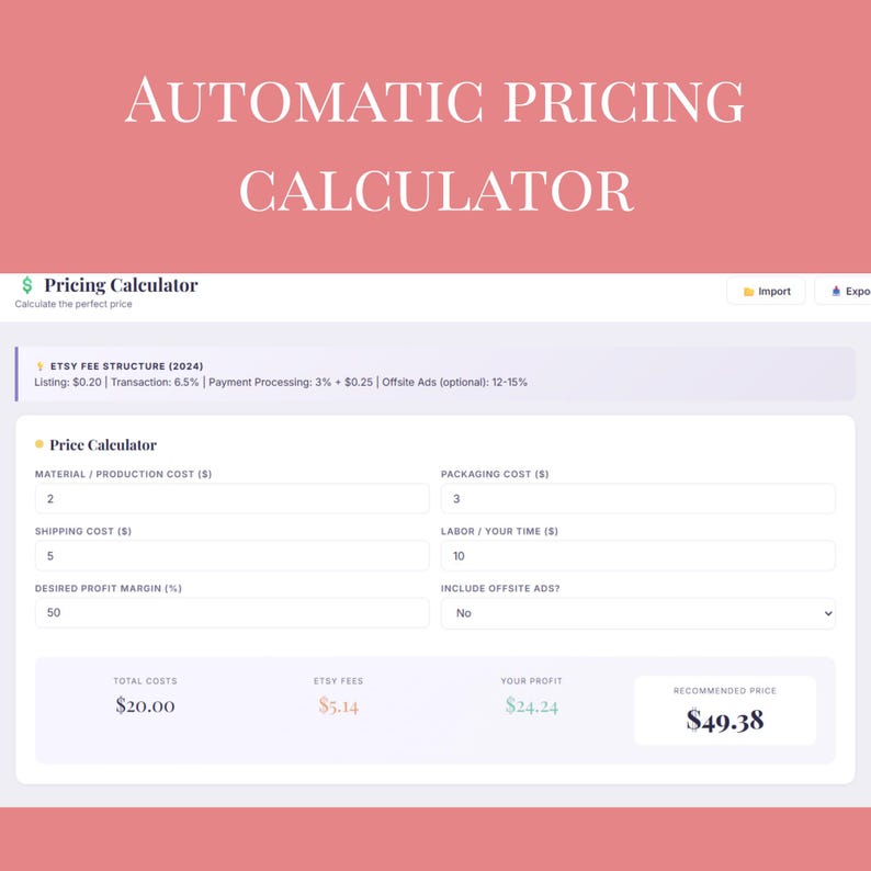 May include: A screenshot of an automatic pricing calculator with the text "AUTOMATIC PRICING CALCULATOR" at the top. The calculator includes fields for costs, profit margin, and fees, displaying a recommended price.