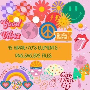 Retro SVG Groovy Hippie SVG Bundle|Retro Vibes Digital Clipart|Peace Sign Svg Positive SVG|Retro Flowers Hippie Groovy Individual Png Files