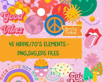 Retro Hippie SVG Bundle: 70s Clipart, Peace Sign (Digital Files)