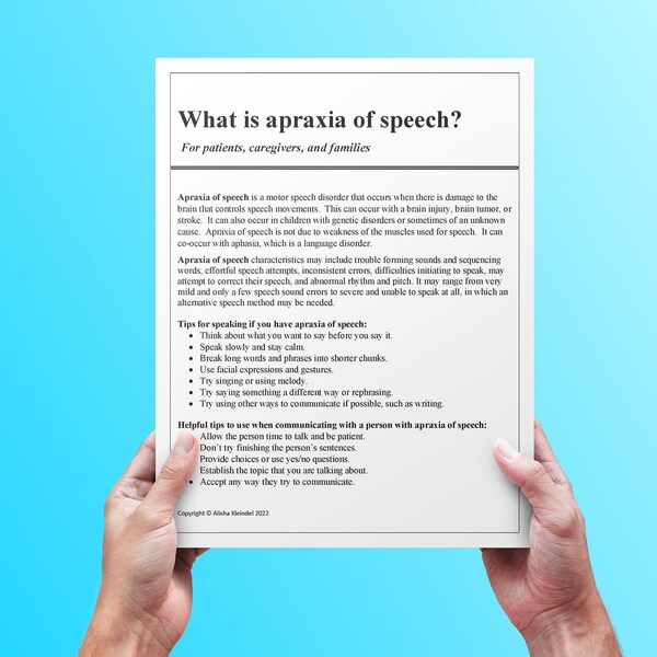 Apraxia of speech handout, medical SLP, PDF, speech treatment, Worksheets, resources, adult speech therapy, patient handouts, Med speech
