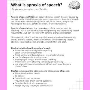 Apraxia of speech handout, medical SLP, PDF, speech treatment, Worksheets, resources, adult speech therapy, patient handouts, Med speech