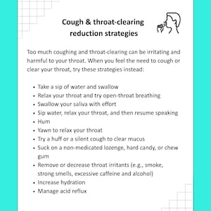 May include: A teal and white handout from TheMedSLPShop with text about cough and throat-clearing reduction strategies. The strategies include taking a sip of water, relaxing the throat, and managing acid reflux. The handout is a digital download.