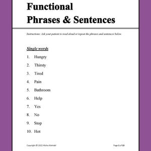 Ensemble de phrases fonctionnelles, orthophonie médicale, orthophonie médicale, PDF, traitement de la parole, feuilles de travail, ressources, polycopiés, orthophonie, orthophonie pour adultes