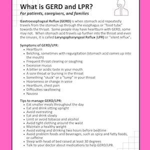 Handout for GERD/LPR, Medical SLP, speech treatment, Worksheets, resources, patient handouts, adult speech therapy, slpa, digital download