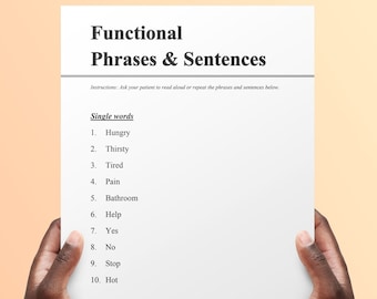 Functional phrases pack, Medical SLP, Med SLP, PDF, speech treatment, Worksheets, resources, patient handouts, speech therapy, adult speech