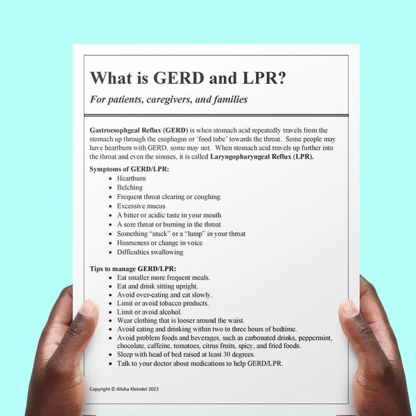 Handout for GERD/LPR, Medical SLP, speech treatment, Worksheets, resources, patient handouts, adult speech therapy, slpa, digital download