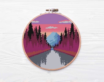 Landscape, forest road with mountain cross stitch pattern
