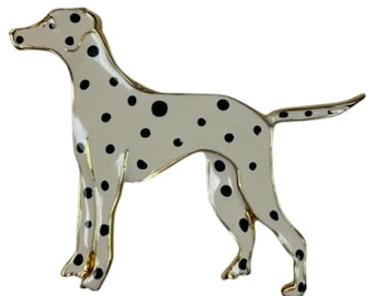 Dalmatian Dog Brooch White Enamel Black Spots Gold Tone Pin 2-1/4" Vintage