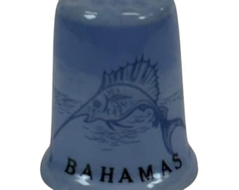 Bahamas Beach Palm Trees Music Marlin Travel Souvenir Blue Ceramic Thimble Vtg