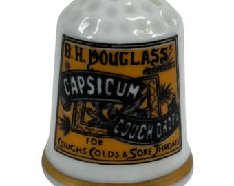 BH Douglass "Capsicum Cough Drops" Thimble Porcelain 1.25" Vtg Advertising 1981