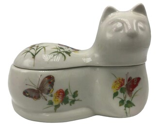 DEW TAKAHASHI Cat Trinket Box Porcelain Butterfly Floral Hand Decorated 6"