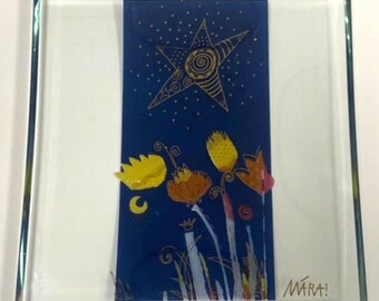 MÁRA! Clear Glass Curved 8" Square Plate Blue w/ Yellow Flowers Star Moon