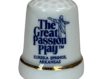 Eureka Springs AR "The Great Passion Play" Travel Souvenir Porcelain Thimble Vtg
