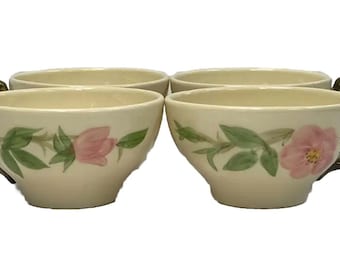 FRANCISCAN Desert Rose platte kop set 4 roze bloemen aardewerk jaren 60, VS 2,25"