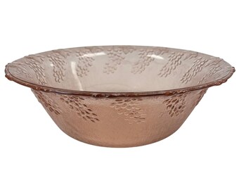 KIG Indonesia Pink Pressed Glass Bowl Grape & Vine Embossed 10.75" Vintage