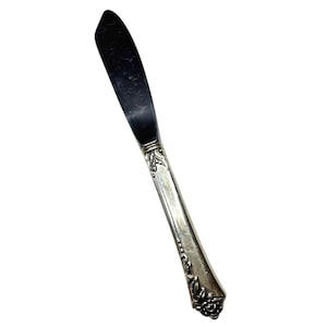 May include: Silver butter knife with a rounded blade and ornate floral detailing on the handle. The handle has a rectangular shape with a decorative floral design at the base. The knife is made of a shiny, reflective metal.