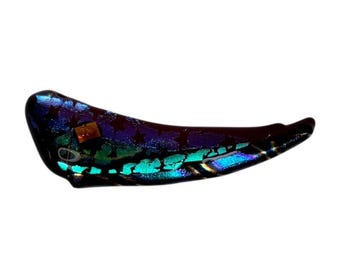 Fused Dichroic Glass Brooch Pin Red Blue Green Iridescent Art Jewelry 2-5/8"