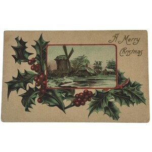 Carte postale vintage Joyeux Noël avec scène de moulin à vent, message non publié des années 1930