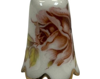 Victorian Style Pink Rose Thimble Fine Bone China Cream w/Gold Scallop Rim 1.25"