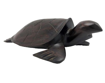 Hand Carved Wooden Turtle Figurine Dark Wood Tortoise Decor 9" Long