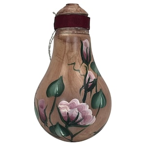 Hand Painted Light Bulb Ornament Brown w/ Purple Flowers & Green Leaves 4&quot;