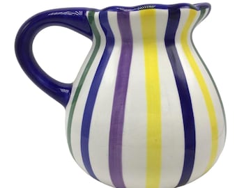 BAUM BROTHERS Style Eyes Pitcher Striped Ceramic 80oz Blue Yellow Purple 7.5"