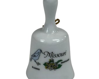 Vintage "Missouri" Souvenir Bell Bluebird Hawthorne Flower White Porcelain 2.25"