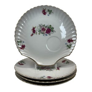 Luncheon Snack Tea Shell-Shaped 4 Plates Rose Design Gold Trim Cup Indention 8&quot;