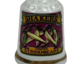 Shakers' "Canned String Beans" Thimble Porcelain 1.25" Vintage Advertising 1981