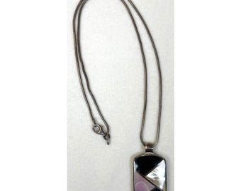 Sterling Silver Onyx Mother Of Pearl Pendant Necklace 925 Italy 16" Vintage