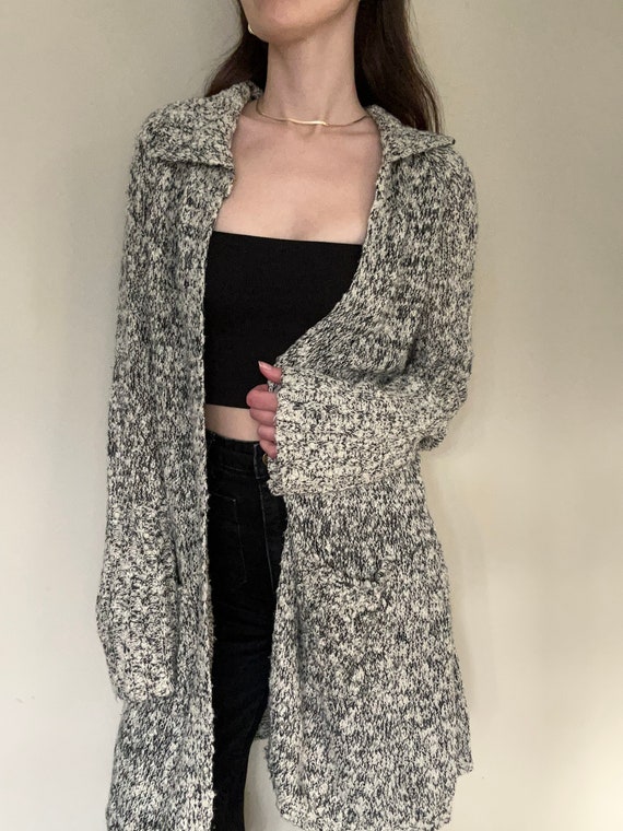 Black & White Boucle Knit Duster Cardigan Sweater