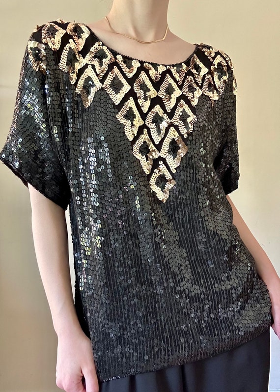 Silk Black & Gold Sequin Top - image 3