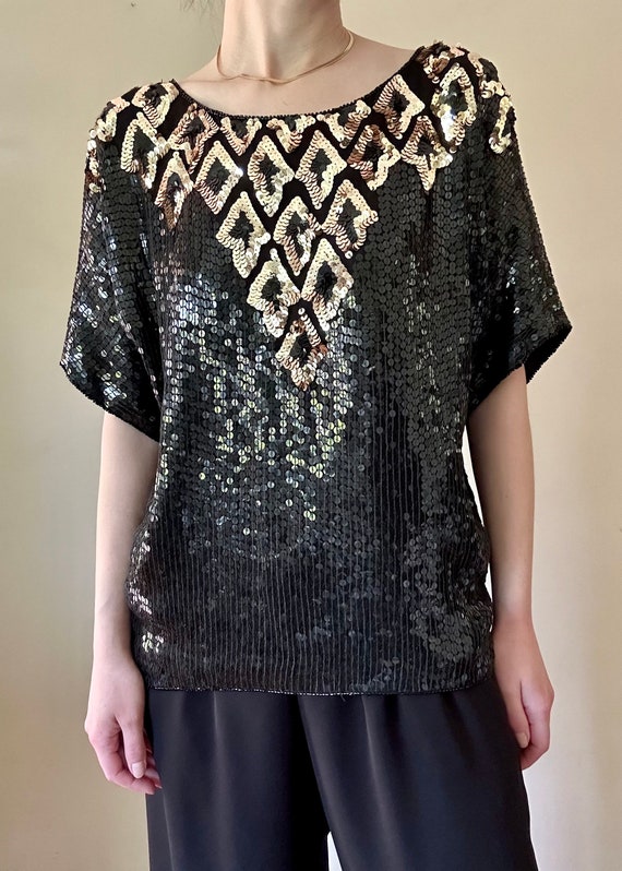 Silk Black & Gold Sequin Top