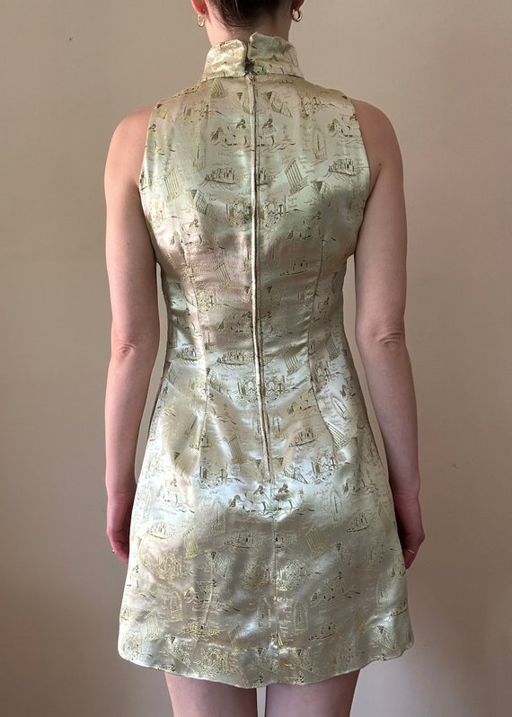 Vintage 60s Gold Silk Satin Brocade Print Mini Dr… - image 7